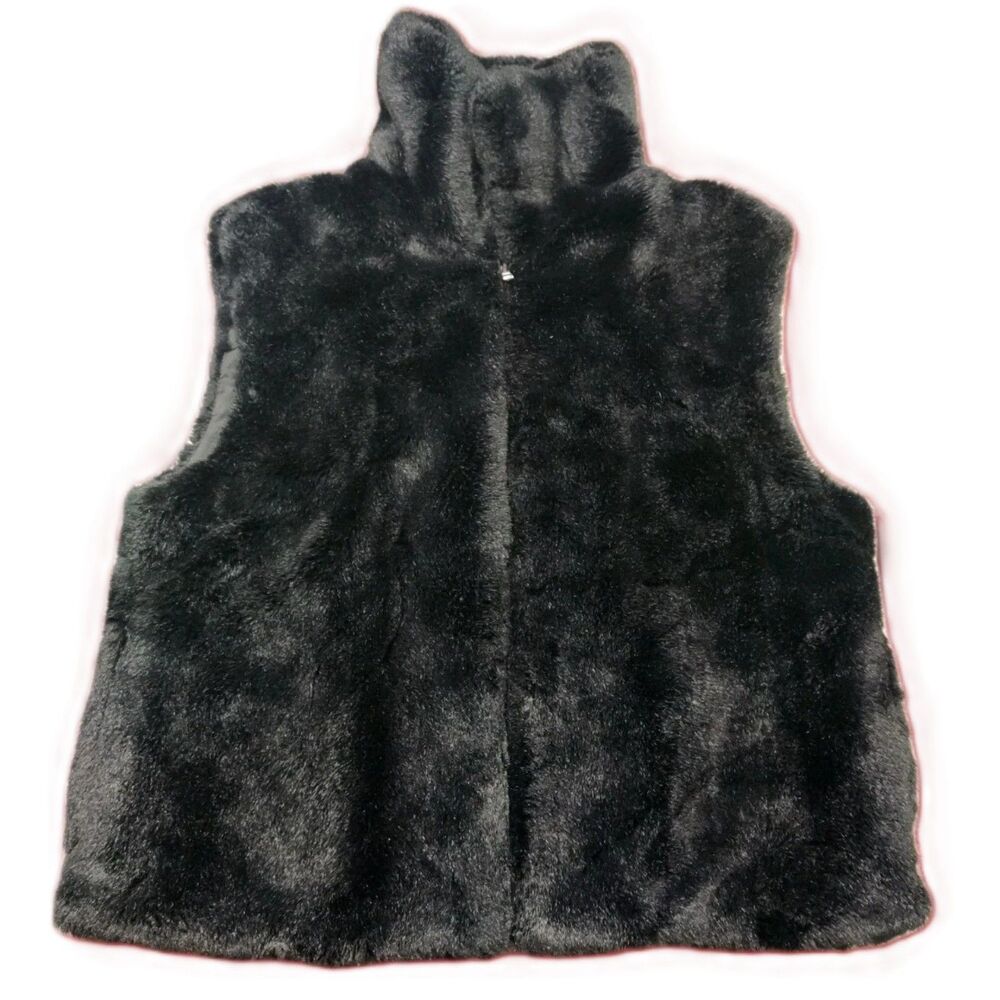 Valerie Stevens Women’s Black Faux Fur Vest Size L Full Zip Front Sleeveless